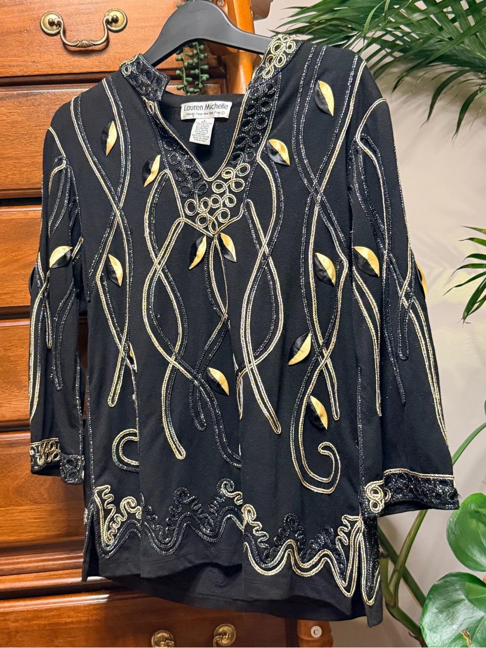Lauren Michelle Black Tunic with Gold Leaf Embroidery